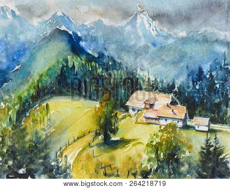 Mountain Landscape With Mountain Ranges And Farm In Foregroud. Picture Created With Watercolors.