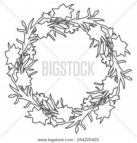 Floral Circle Wreath Border With Countour Hand Drawn Flowers Daffodils, Narcissus. Monochrome Floral