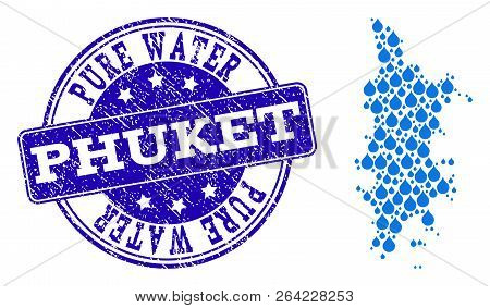 Map Of Phuket Vector Mosaic And Pure Water Grunge Stamp. Map Of Phuket Composed With Blue Liquid Dew