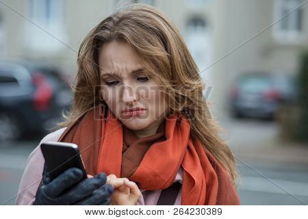 Closeup Portrait Funny Sad Woman Looking Up Thinking Seeing Bad News Sms Comment Trolling Message Ph
