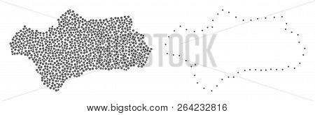 Dotted And Contour Map Of Andalusia Province Formed With Dots. Vector Grey Abstraction Of Map Of And