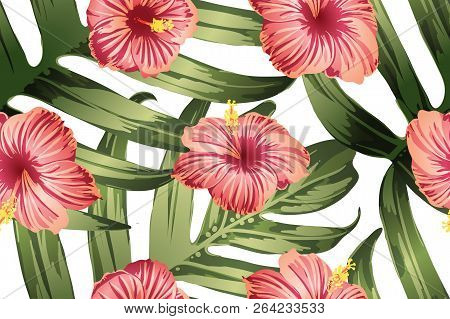 Green Red Exotic Pattern. Monstera And Hibiscus Flowers Tropical Bouquet.  Saturated Large Floral Sw