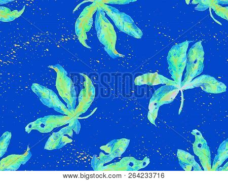 Indigo Exotic Pattern. Monstera And Hibiscus Flowers Tropical Bouquet.  Hawaiian T-shirt And Swimwea