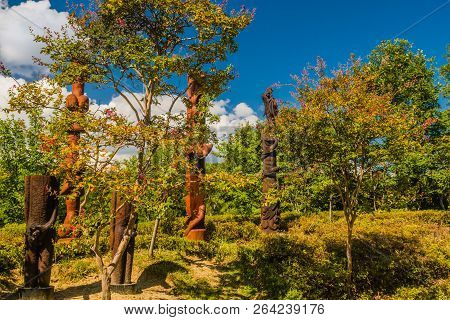 Samcheok, South Korea; September 25, 2018: Closeup Of Wooden Statues Of Human Penis In Various Poses