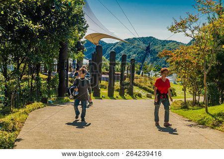 Samcheok, South Korea; September 25, 2018: Unidentified Korean Women Walking Uphill On Concrete Walk