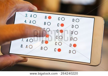 Student Testing Exercise, Exams Answer On Tablet With Multiple Choice Questions By Finger Clicking, 