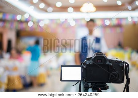 Reporter On Video Camera, Camcorder Interviews, Operator Working For Record Speaker Or Presenter In 