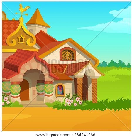 Poster With A Fabulous Royal Wooden House In A Field With Green Grass And Blue Sky. Vector Cartoon C