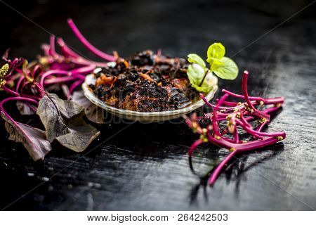 Close Up Of Popular Dish Of Amaranth Leaves Or Chauli Or Chowli Or Chaulai Or Thotakura Or Harive So