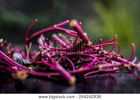 Close Up Of Raw Amaranth Leaves's Branches On Wooden Surface Without Its Leaves.