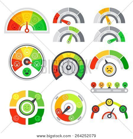 Satisfaction Rating Meter. Quality Speedometer, Goods Grade Indicator And Mood Graph Ratings. Color 