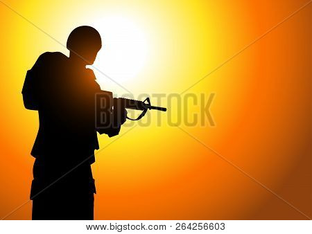 Silhouette Illustration Of A Soldier On Sunrise Or Sunset