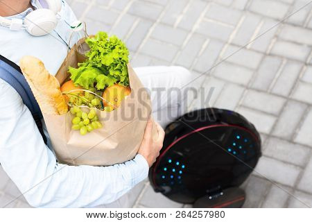 Modern Young Man Male Guy Successful Student Freelancer Entrepreneur With Package Of Food Vegatebles