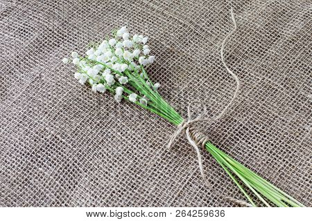 Small Spring Bouquet Of White Forest Fragrant Lilies Of The Valley Tied With Twine On Coarse Homespu