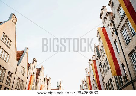 Achitecture Or Old Houses On The Street Of The City Elders Principalmark In Muenster In Germany. The