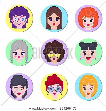 Set Of Girls Avatars In Flat Style On White Background