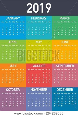 Calendar 2019, Week Starts From Sunday, Business Template. Editable Vector File Available. English A