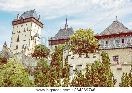 Karlstejn Is A Large Gothic Castle Founded 1348 By Charles Iv In Czech Republic. Ancient Architectur