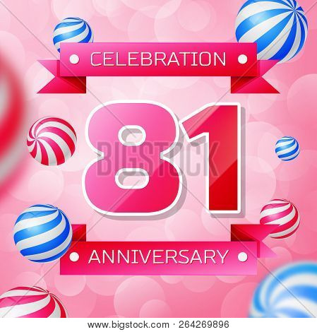 Realistic Eighty One Years Anniversary Celebration Design Banner. Gold Numbers And Blue Ribbons, Bal