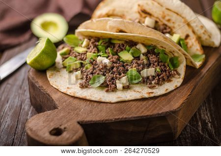 Homemade Minced Beef Tortilla, Fresh Avocado And Mozarella Cheese