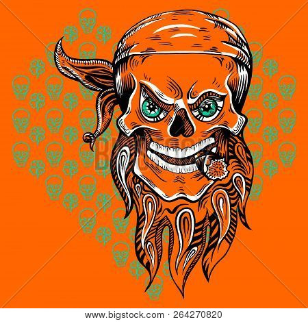 Skull With Beaver And Sigar Drawing In A Engraved Style With Heart-shaped Background Pattern