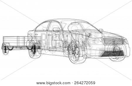 Sedan With Open Trailer Sketch. Vector Rendering Of 3d. Wire-frame Style. The Layers Of Visible And 