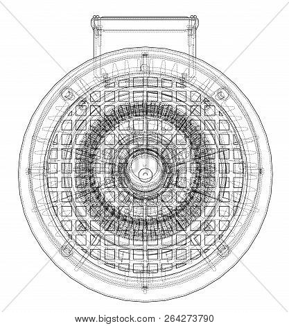 Electric Motor Sketch. Vector Rendering Of 3d. Wire-frame Style. The Layers Of Visible And Invisible