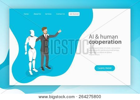 Flat Isometric Vector Landing Pate Template For Ai And Human Cooperation.