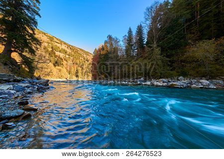 Mountain River With Rifts And Green Water. Bolshoy Zelenchuk River.