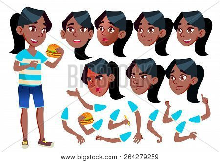 Girl, Child, Kid, Teen Vector. Black. Afro American. Leisure. Educational, Study. Face Emotions, Var