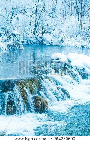 Croatia, Plitivice, Frozen Waterfalls In Popular Nature Park Plitvicka Jezera
