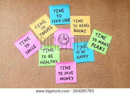 Time For Planning Bright Stickers With Different Motivation Notes And Clock