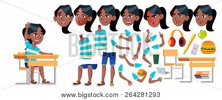 Girl Schoolgirl Kid Vector. Black. Afro American. High School Child. Animation Creation Set. Face Em