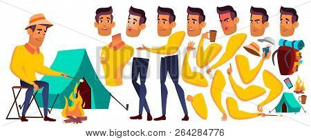 Teen Boy Vector. Arab, Muslim. Animation Creation Set. Hiking, Travel. Face Emotions, Gestures. Funn