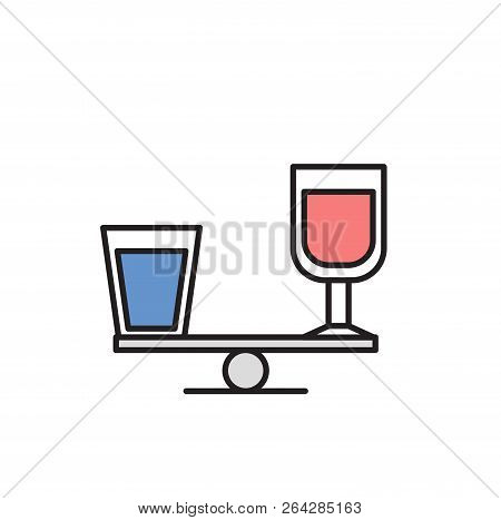 Galss Of Water And Bottle Of Alcohol On Scales. Cartoon Design Icon. Flat Vector Illustration. Isola