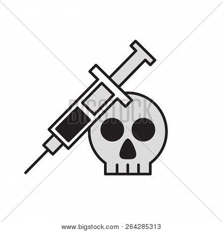 Injection Syringe Nd A Scull. Flat Design Icon. Colorful Flat Vector Illustration. Isolated On White