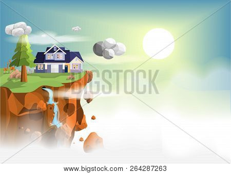 House On Mountain Peaks,beautiful House On The Valley In The Mist And White Clouds To Receive The Mo