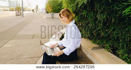 Statistician Working Outside With Laptop And Color Diagrams.