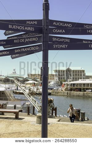 Cape Town - 2011: Signs Showing Distances To Major Countries From Victoria Wharf, Cape Town