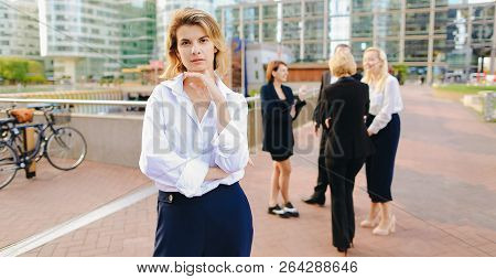 Business Lady With Close Up Face Looking At Camera In   And Empl