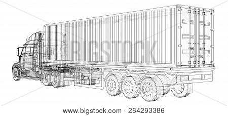 Car Delivery Semi Truck Trailer. Wire-frame. Eps10 Format. Vector Rendering Of 3d