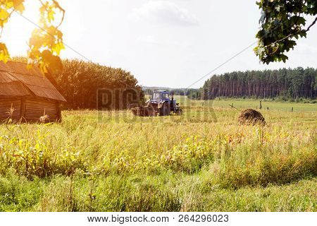 An Old Tractor Plows A Field In A Village In The Background A Forest, An Old Ruined Hut, A Summer Da