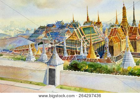 Royal Grand Palace And Wat Phra Keaw In Bangkok, Thailand.  Watercolor Painting Landscape Of Visit T