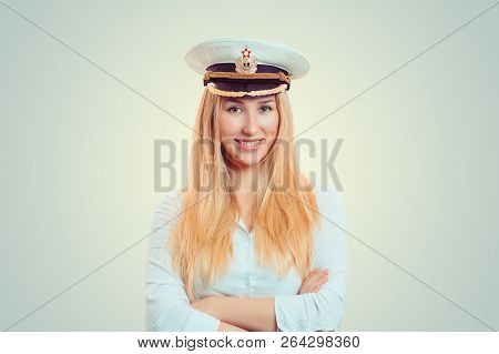 Pretty Blond Woman In White Shirt And White Navy Service Cap Smiling At Camera