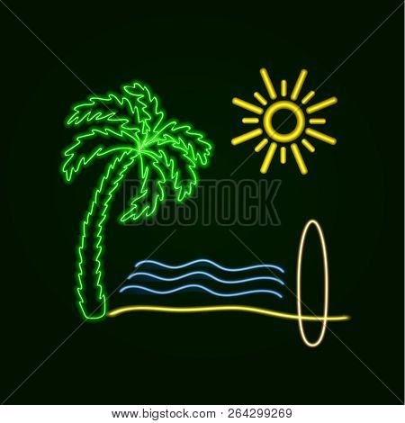 Vector Neon Surfing Illustration: Glowing Palm, Ocean Waves, Sand Beach, Sufr Board And Sun.