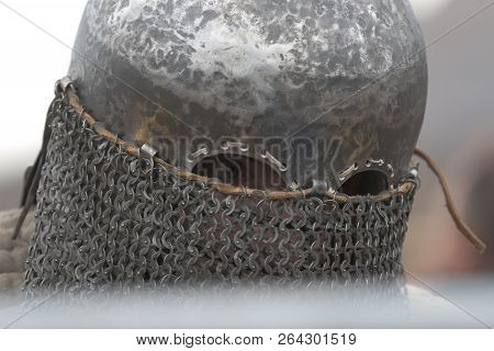 Medieval Knight Helmet Close-up During A Fight