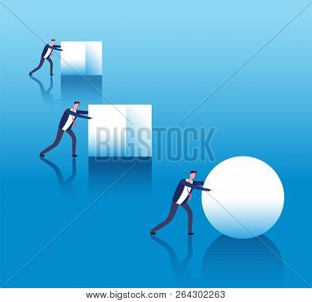 Business Efficient Concept. Businessmen Push Boxes And Smart Leader Rolls Ball. Business Innovation 