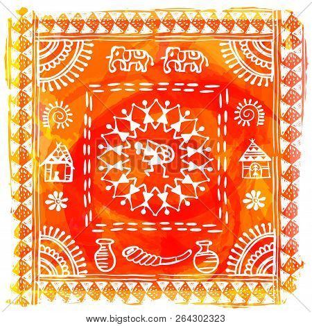 Warli Painting - Hand Drawn Traditional The Ancient Tribal Art India. In The Style Of Indian Kitsch 