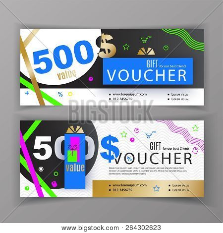 Vector Gift Voucher Template. Universal Flyer For Business. Blue Pink Gold Design Elements. Abstract