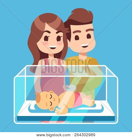 Happy Parents With New Born Child In The Glass Box. Cartoon Family Vector Illustration. Baby Newborn